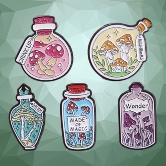 Mushroom Potion Bottles Pin Set 5 Enamel Brooch Bundle Magic Spell Fairycore Lot - Picture 2 of 6